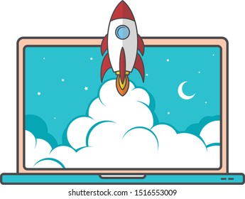 notebook laptop boost start up space rocket shuttle theme vector art