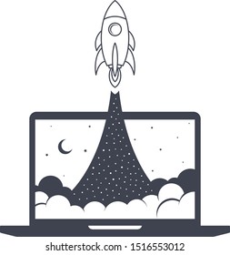 notebook laptop boost start up space rocket shuttle theme vector art