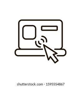 Notebook, laptop computer and cursor click. Line icon vector isolated on white background