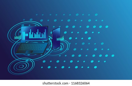 notebook or laptop with digital new concept business for background advertise in era digital. Background technology Internet of things concept.  Isometric conceptual composition poster