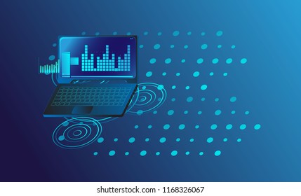 notebook or laptop with digital new concept business for background advertise in era digital. Background technology Internet of things concept.  Isometric conceptual composition poster