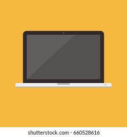 Notebook laptop flat style grey and black color with empty dark grey screen on orange background. Grey laptop flat style vector eps10. Laptop front view 