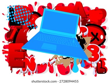 Notebook, laptop graffiti. Abstract modern street art decoration performed in urban painting style.