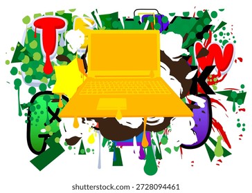 Notebook, laptop graffiti. Abstract modern street art decoration performed in urban painting style.