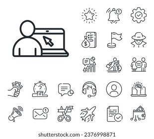 Notebook or Laptop with mouse cursor sign. Salaryman, gender equality and alert bell outline icons. Online Education line icon. Internet Lectures symbol. Online Education line sign. Vector