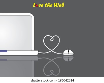 notebook laptop and mouse with love heart shaped wire connection - love technology or web concept illustration with netbook laptop with blank display connected to a wired mouse with reflection 