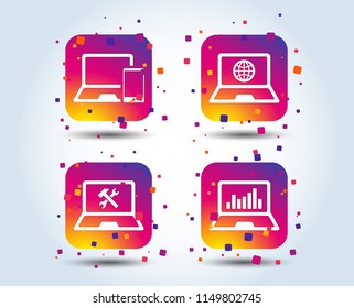 Notebook laptop pc icons. Internet globe sign. Repair fix service symbol. Monitoring graph chart. Colour gradient square buttons. Flat design concept. Vector
