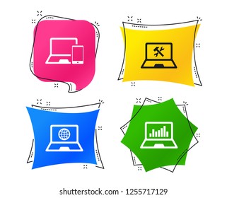 Notebook laptop pc icons. Internet globe sign. Repair fix service symbol. Monitoring graph chart. Geometric colorful tags. Banners with flat icons. Trendy design. Vector