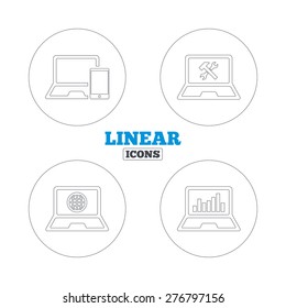 Notebook-PC-Symbole. Internet-Globus-Zeichen. Reparieren Sie das Service-Symbol. Beobachtungsdiagramm. Websymbole mit Linienführung. Vektorgrafik