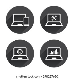 Notebook laptop pc icons. Internet globe sign. Repair fix service symbol. Monitoring graph chart. Circles buttons with long flat shadow. Vector