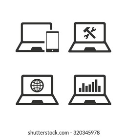 Notebook laptop pc icons. Internet globe sign. Repair fix service symbol. Monitoring graph chart. Flat icons on white. Vector