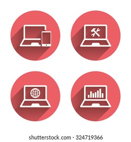Notebook laptop pc icons. Internet globe sign. Repair fix service symbol. Monitoring graph chart. Pink circles flat buttons with shadow. Vector