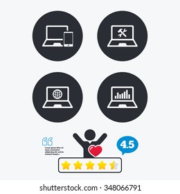 Notebook laptop pc icons. Internet globe sign. Repair fix service symbol. Monitoring graph chart. Star vote ranking. Client like and think bubble. Quotes with message.