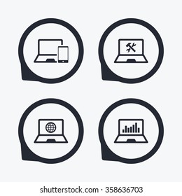 Notebook laptop pc icons. Internet globe sign. Repair fix service symbol. Monitoring graph chart. Flat icon pointers.
