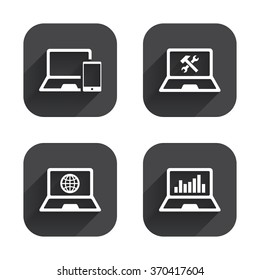 Notebook laptop pc icons. Internet globe sign. Repair fix service symbol. Monitoring graph chart. Square flat buttons with long shadow.