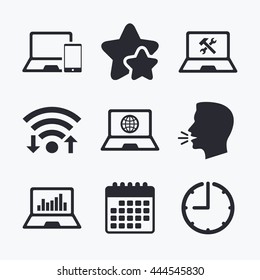 Notebook laptop pc icons. Internet globe sign. Repair fix service symbol. Monitoring graph chart. Wifi internet, favorite stars, calendar and clock. Talking head. Vector