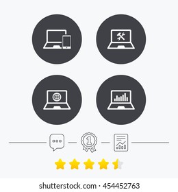 Notebook laptop pc icons. Internet globe sign. Repair fix service symbol. Monitoring graph chart. Chat, award medal and report linear icons. Star vote ranking. Vector