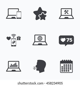 Notebook laptop pc icons. Internet globe sign. Repair fix service symbol. Monitoring graph chart. Flat talking head, calendar icons. Stars, like counter icons. Vector
