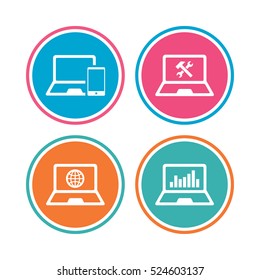 Notebook laptop pc icons. Internet globe sign. Repair fix service symbol. Monitoring graph chart. Colored circle buttons. Vector