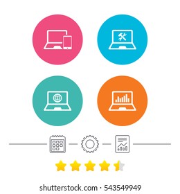 Notebook laptop pc icons. Internet globe sign. Repair fix service symbol. Monitoring graph chart. Calendar, cogwheel and report linear icons. Star vote ranking. Vector