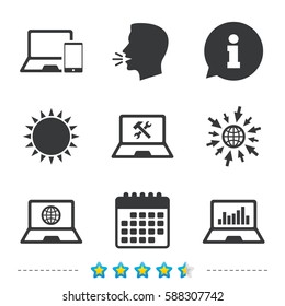 Notebook laptop pc icons. Internet globe sign. Repair fix service symbol. Monitoring graph chart. Information, go to web and calendar icons. Sun and loud speak symbol. Vector