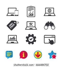 Notebook laptop pc icons. Internet globe sign. Repair fix service symbol. Monitoring graph chart. Browser window, Report and Service signs. Binoculars, Information and Download icons. Stars and Chat