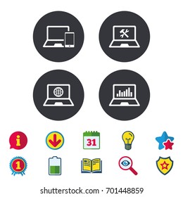 Notebook laptop pc icons. Internet globe sign. Repair fix service symbol. Monitoring graph chart. Calendar, Information and Download signs. Stars, Award and Book icons. Light bulb, Shield and Search