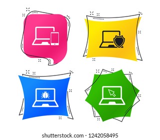 Notebook laptop pc icons. Virus or software bug signs. Shield protection symbol. Mouse cursor pointer. Geometric colorful tags. Banners with flat icons. Trendy design. Vector