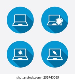 Notebook laptop pc icons. Virus or software bug signs. Shield protection symbol. Mouse cursor pointer. Circle concept web buttons. Vector