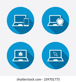 Notebook laptop pc icons. Virus or software bug signs. Shield protection symbol. Mouse cursor pointer. Circle concept web buttons. Vector
