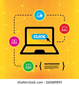 Notebook laptop pc icons. Virus or software bug signs. Shield protection symbol. Mouse cursor pointer. Notebook device orange background with icons. Vector