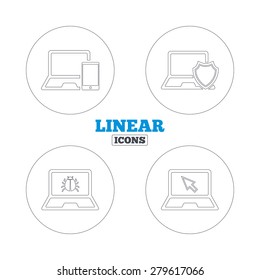 Notebook laptop pc icons. Virus or software bug signs. Shield protection symbol. Mouse cursor pointer. Linear outline web icons. Vector