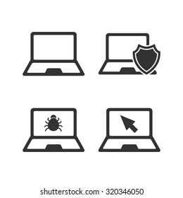 Notebook laptop pc icons. Virus or software bug signs. Shield protection symbol. Mouse cursor pointer. Flat icons on white. Vector