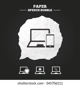 Notebook laptop pc icons. Virus or software bug signs. Shield protection symbol. Mouse cursor pointer. Paper speech bubble with icon.