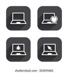 Notebook laptop pc icons. Virus or software bug signs. Shield protection symbol. Mouse cursor pointer. Square flat buttons with long shadow.
