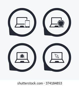 Notebook laptop pc icons. Virus or software bug signs. Shield protection symbol. Mouse cursor pointer. Flat icon pointers.