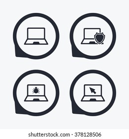 Notebook laptop pc icons. Virus or software bug signs. Shield protection symbol. Mouse cursor pointer. Flat icon pointers.
