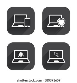 Notebook laptop pc icons. Virus or software bug signs. Shield protection symbol. Mouse cursor pointer. Square flat buttons with long shadow.