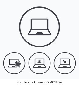 Notebook laptop pc icons. Virus or software bug signs. Shield protection symbol. Mouse cursor pointer. Icons in circles.