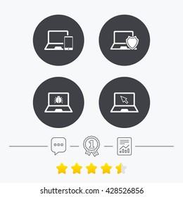 Notebook laptop pc icons. Virus or software bug signs. Shield protection symbol. Mouse cursor pointer. Chat, award medal and report linear icons. Star vote ranking. Vector