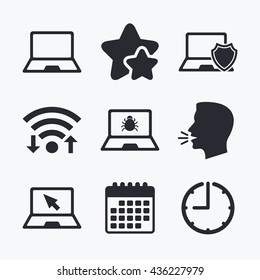 Notebook laptop pc icons. Virus or software bug signs. Shield protection symbol. Mouse cursor pointer. Wifi internet, favorite stars, calendar and clock. Talking head. Vector