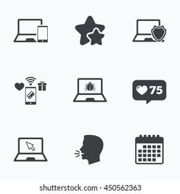 Notebook laptop pc icons. Virus or software bug signs. Shield protection symbol. Mouse cursor pointer. Flat talking head, calendar icons. Stars, like counter icons. Vector