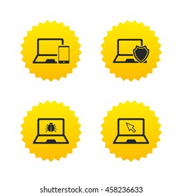 Notebook laptop pc icons. Virus or software bug signs. Shield protection symbol. Mouse cursor pointer. Yellow stars labels with flat icons. Vector