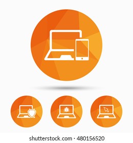 Notebook laptop pc icons. Virus or software bug signs. Shield protection symbol. Mouse cursor pointer. Triangular low poly buttons with shadow. Vector