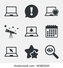 Notebook laptop pc icons. Virus or software bug signs. Shield protection symbol. Mouse cursor pointer. Attention, investigate and stars icons. Telescope and calendar signs. Vector
