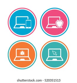 Notebook laptop pc icons. Virus or software bug signs. Shield protection symbol. Mouse cursor pointer. Colored circle buttons. Vector