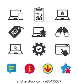Notebook laptop pc icons. Virus or software bug signs. Shield protection symbol. Mouse cursor pointer. Browser window, Report and Service signs. Binoculars, Information and Download icons. Vector