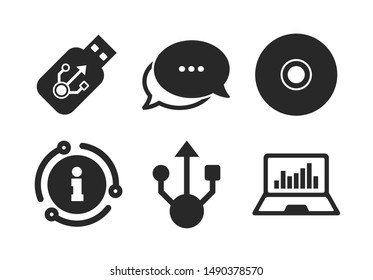 Notebook or Laptop pc symbols. Chat, info sign. Usb flash drive icons. CD or DVD sign. Compact disc. Classic style speech bubble icon. Vector