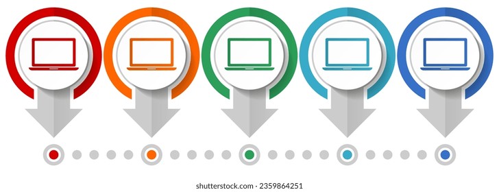 Notebook, laptop vector icon set, flat design infographic template, set pointer concept icons in 5 color options for webdesign and mobile applications