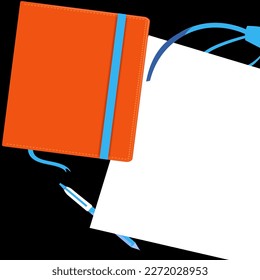 Notebook laying on desk. Blank paper near books. Bright colored vector illustration. Pencil, pen, different school office supplies. Empty space for advertising.